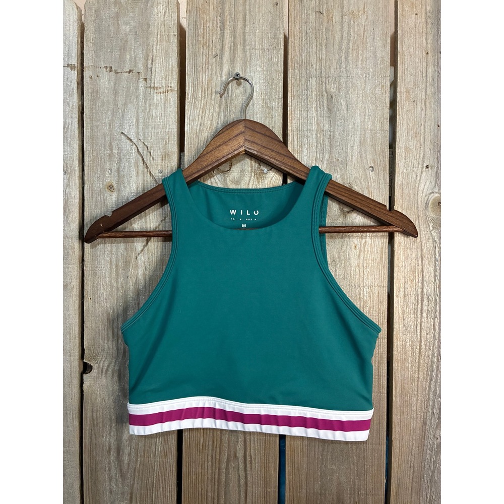 Wilo The Label Women Teal Green Striped Elastic Hem Athletic Crop Top Size M